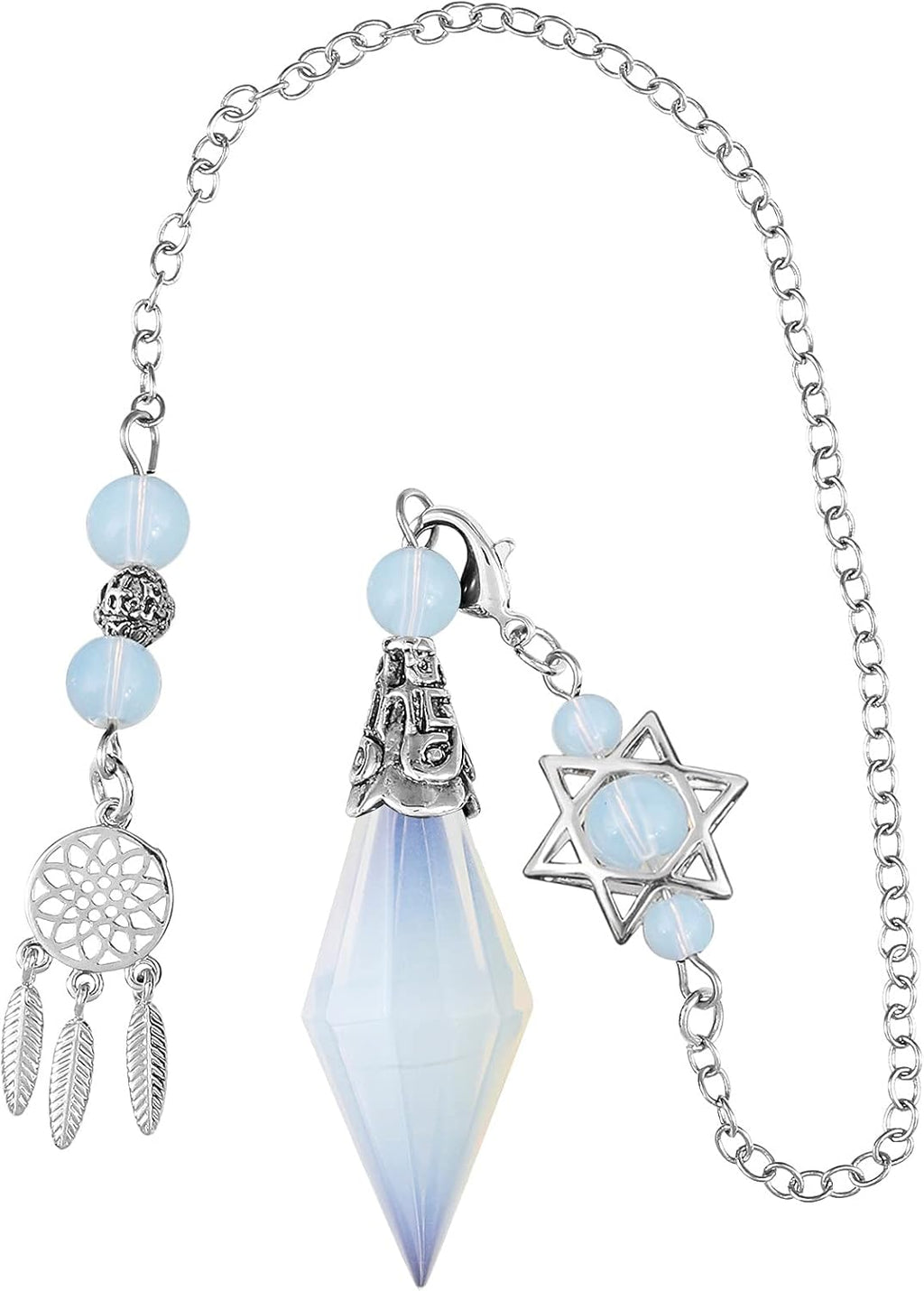 TUMBEELLUWA Reiki Healing Crystal Point Pendulum Dowsing Divination, Reiki Meditation Faceted Stone Pendant with Dream Catcher and Merkaba Star Chain, Opalite