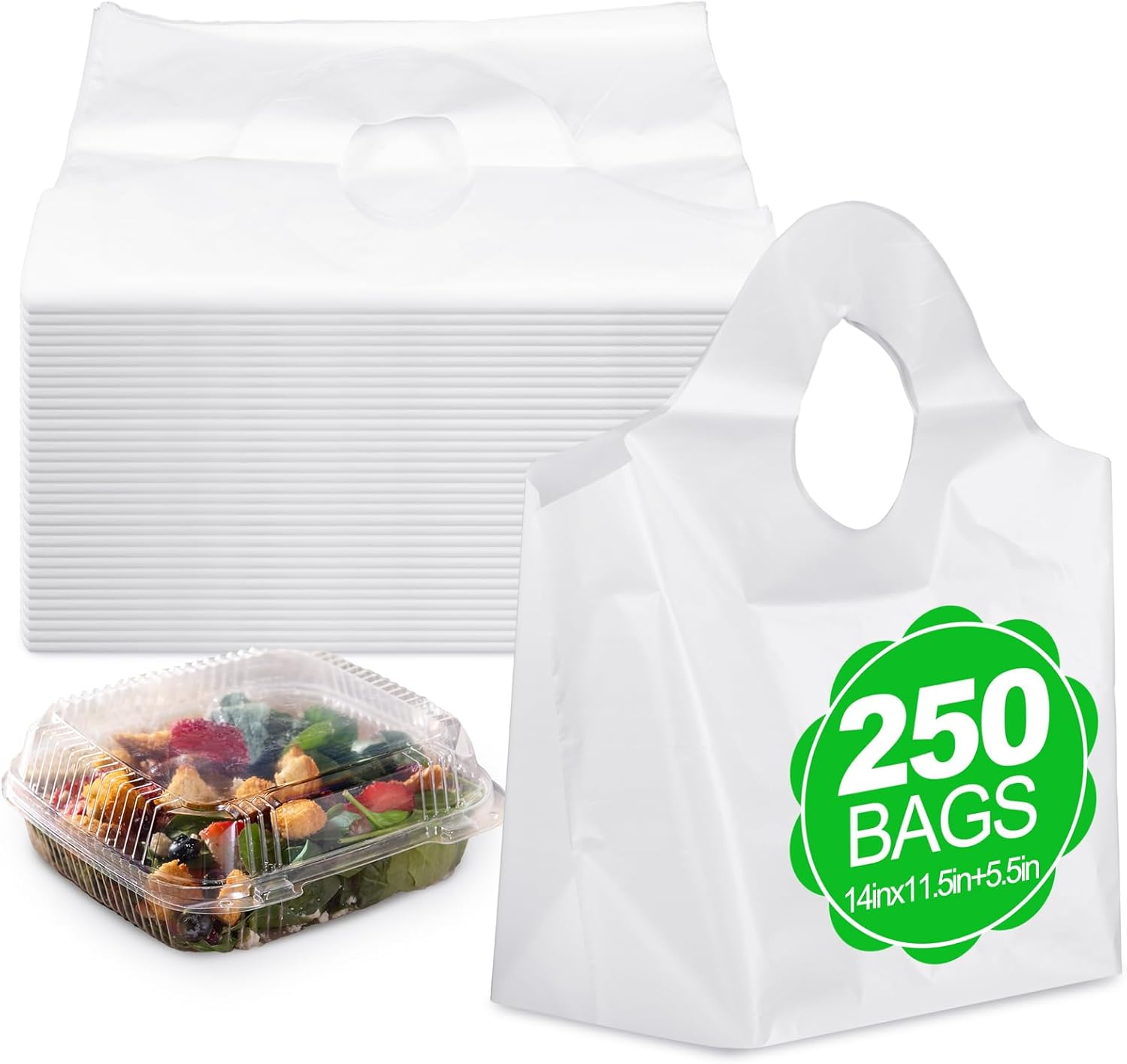 Marspark 250 Pcs Plastic Take out Bag with Wave Top Handle, 14" x 11.5" + 5.5" Reusable Unprinted Plastic Merchandise Bags with Handles Use for Shopping, Business, Carry out, Restaurant