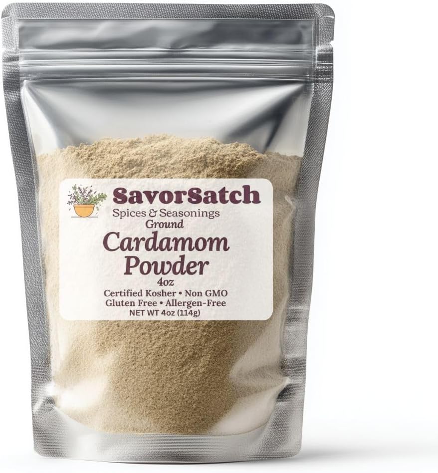 SavorSatch Ground Cardamom Powder – 4 oz Stand-Up Resealable Pouch | Fresh Green Cardamom | Certified Kosher, Non-GMO | Aromatic Spice for Baking, Cooking, Chai & Desserts