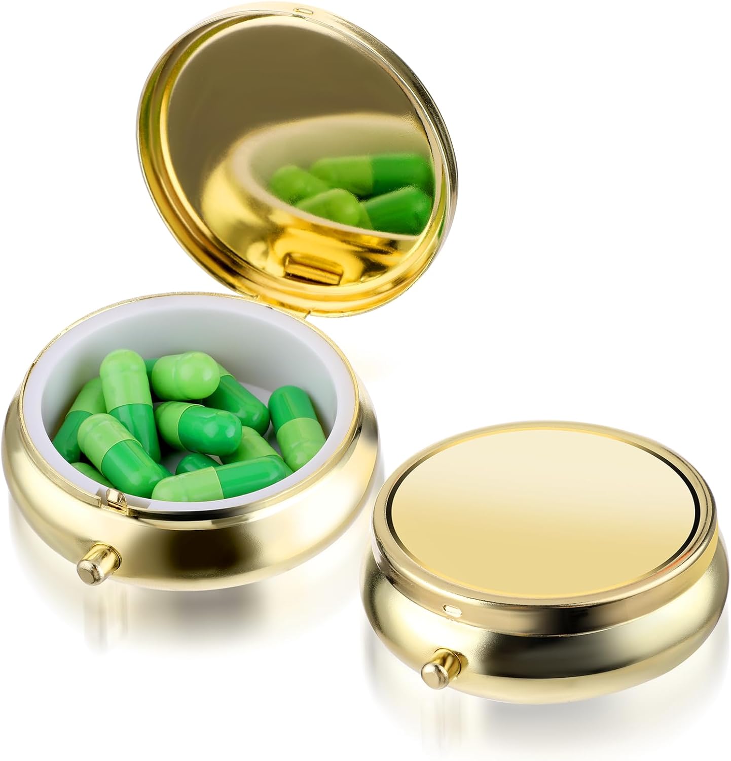 WLLHYF Pill Box Cute Small Pill Box for Purse & Pocket Medicine Organizer Travel Pillbox Waterproof Pill Case Metal Pill Container Holder for Vitamins, Fish Oil, Supplements(Gold)