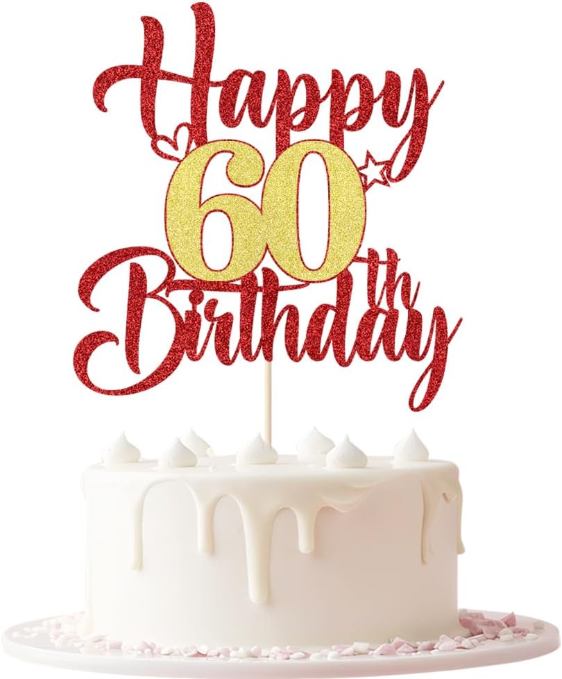 Red Gold 60th birthday cake topper Glitter Happy 60th birthday cake topper 60th birthday party cake decorations Photo Booth Props