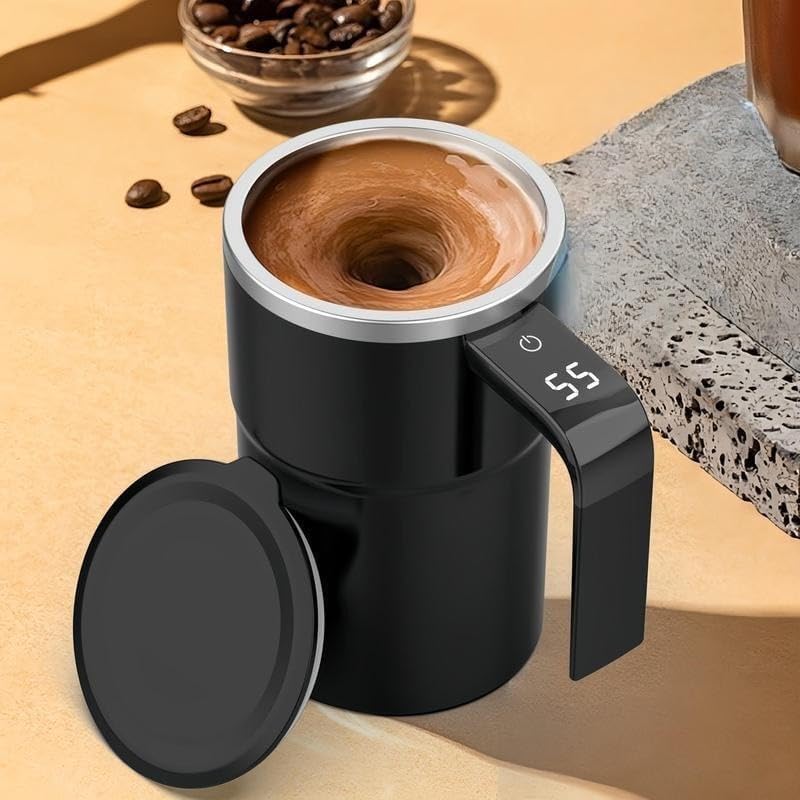380ML Magnetic Stirring Coffee Mug, Rechargeable 150mah Automatic Mixer Cup, Stainless Steel Travel Mug with Digital Display (Black)