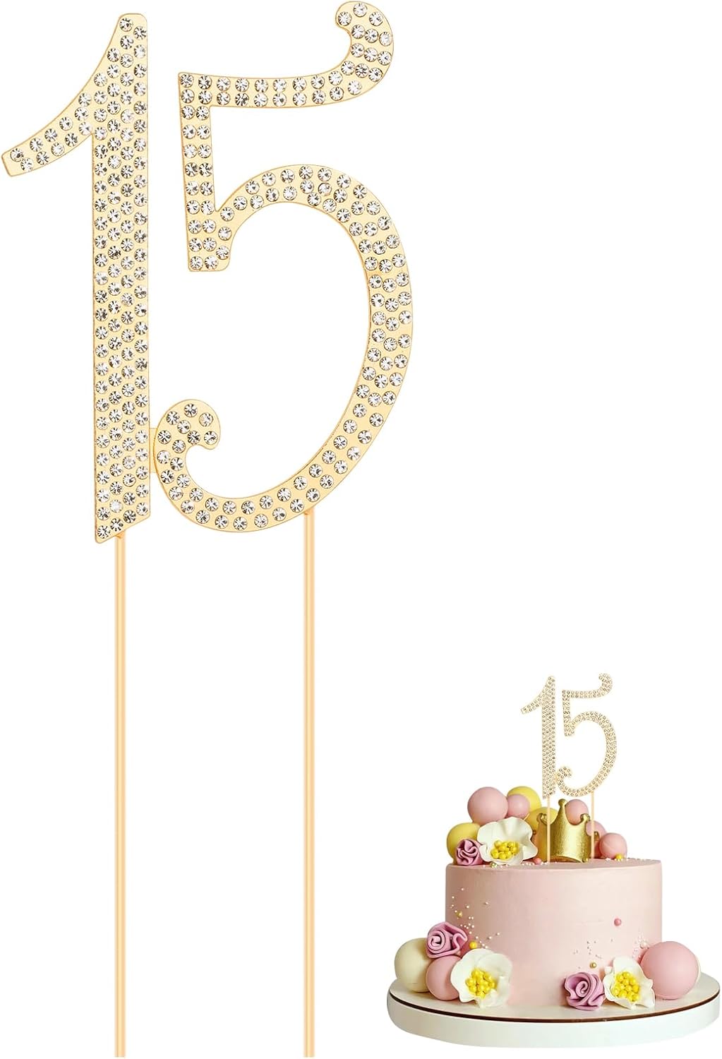 15 Cake Topper, Number 15 Birthday Alloy Crystal Rhinestones Cake Topper Cake Decoration for 15th Birthday or Anniversary Party (Gold)