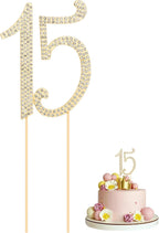 15 Cake Topper, Number 15 Birthday Alloy Crystal Rhinestones Cake Topper Cake Decoration for 15th Birthday or Anniversary Party (Gold)