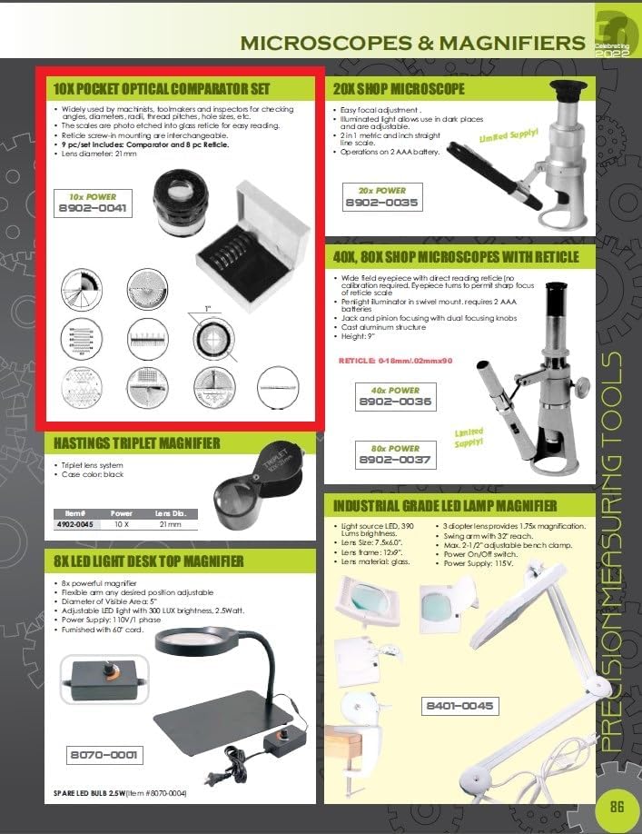 10X Pocket Optical Comparator with 8 RETICLES (8902-0041)