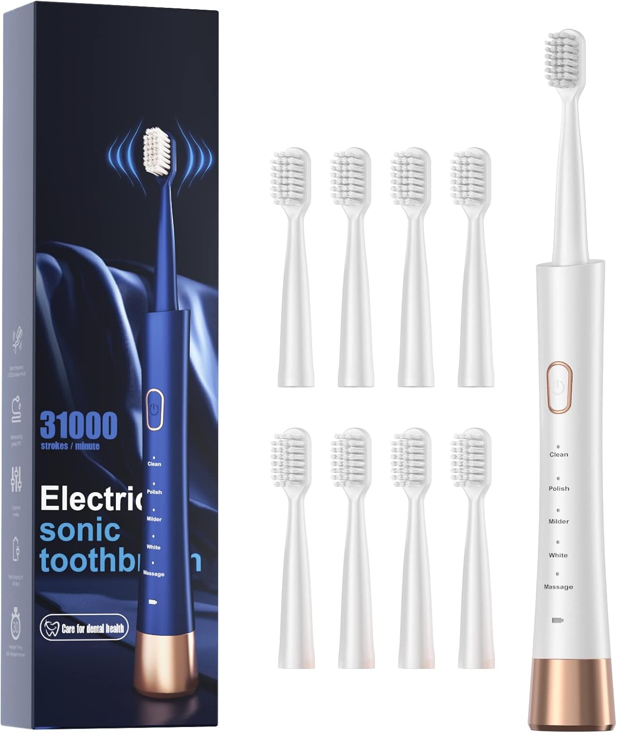 High Vibration Sonic Electric Toothbrush for Adults with 2 Minutes Smart Timer, Fast Charge Lasts Long, 5 Optional Modes, 8 Replacement Brush Heads Ultra Whitening, White
