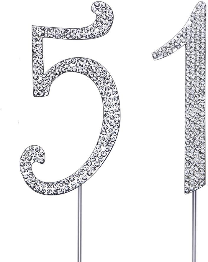 MAGJUCHE Silver 51" Crystal Cake Topper, Number 51 Rhinestones 51st Birthday Cake Topper, Men or Women Birthday or 51th Anniversary Party Decoration Supply