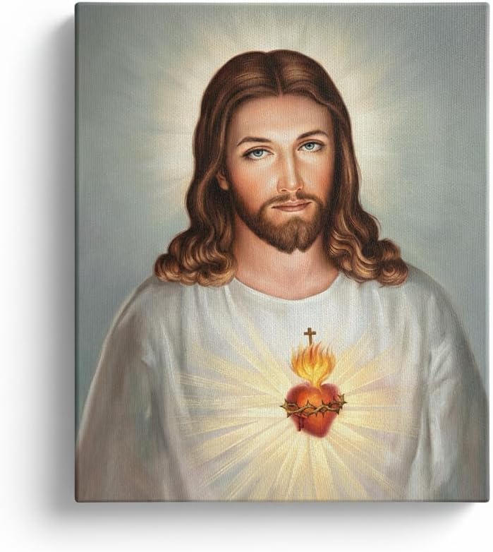 Sacred Heart Of Jesus Canvas Wall Art, Traditional Catholic Portrait of Jesus Christ, Luminous Religious Painting Decor, Gallery Wrapped Stretched Canvas for Home or Church 16×20 inches (40×50 cm)