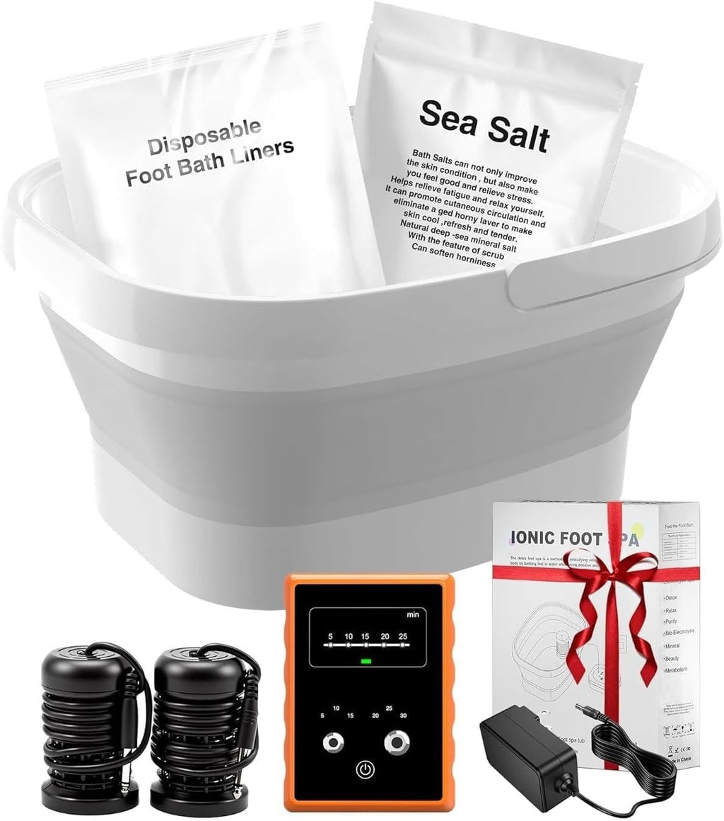 Ionic Foot Bath Detox Machine,Foot Detox Foot Bath Soak Tub with 2 Arrays,80 Disposable Foot Bath Liners,Detox Sea Salt,Folding Foot Spa Bucket,Home Salon-Level Foot Soaking Tub