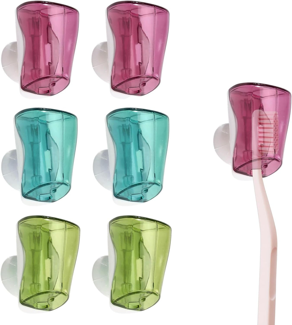 6 PCS Travel Toothbrush Holders Cover Cap, Wall Mounted Single Slot Design Portable Plastic Toothbrush Head Covers with Suction Cups for Family Bathroom Camping, Red, Blue and Yellow (Only Holder)