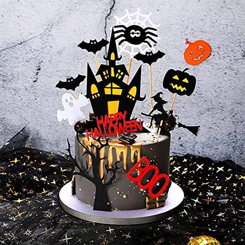 15Pack Halloween Cake Topper with Haunted House Pumpkin Ghost Bat Cat Spider Skull Boo Sign Cupcake Picks for Halloween Theme Birthday Cake Decoration Party Supplies