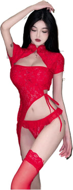 SINGUYUN Chinese Cheongsam Lingerie Retro Print Dress Sexy Anime Cosplay Costume for Women Qipao Babydoll Outfit