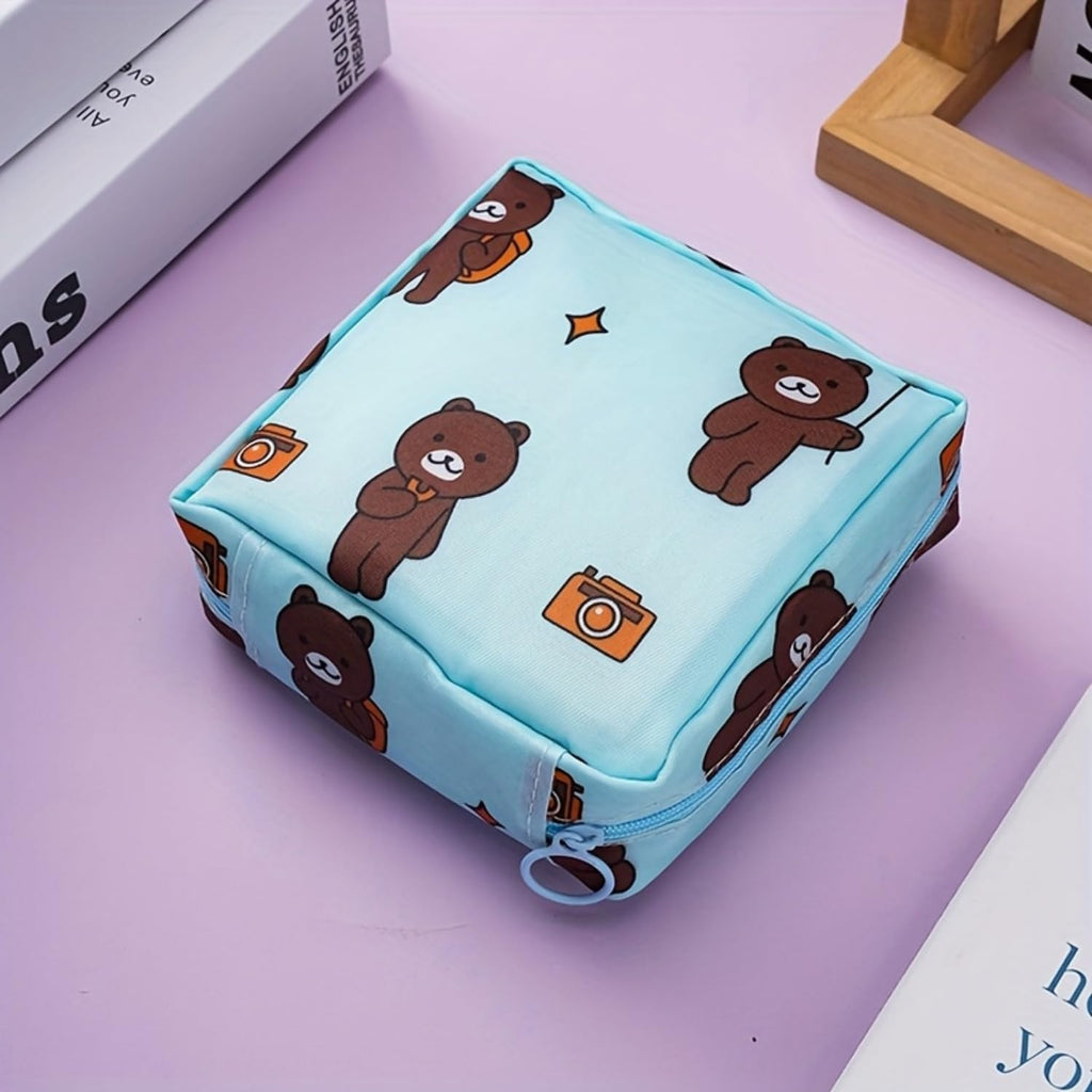 Sanitary Napkin Storage Bag Creative Minimalist Cartoon Print Portable Toilet Paper Organizer for Travel Bathroom and Purse, BlueBear