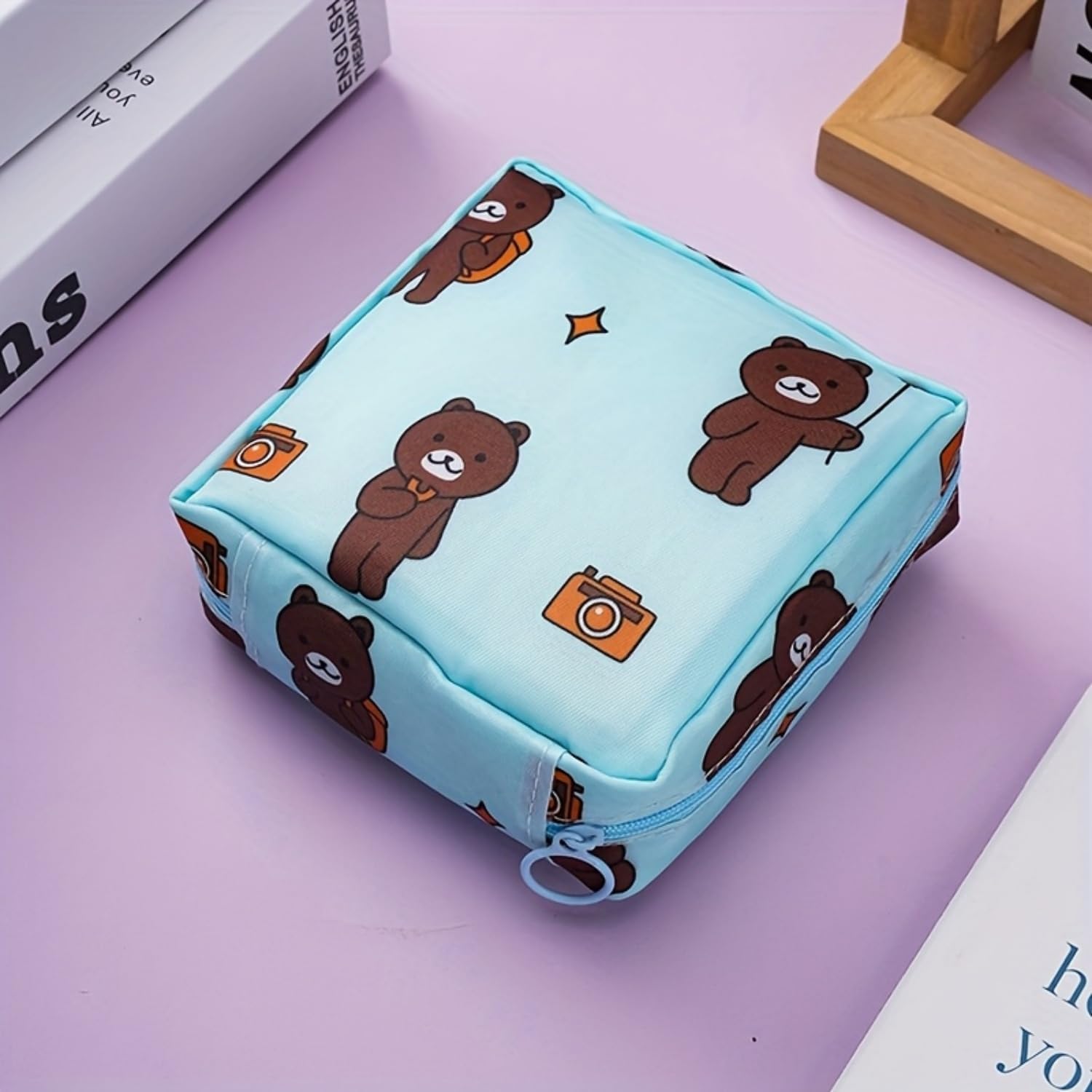 Sanitary Napkin Storage Bag Creative Minimalist Cartoon Print Portable Toilet Paper Organizer for Travel Bathroom and Purse, BlueBear