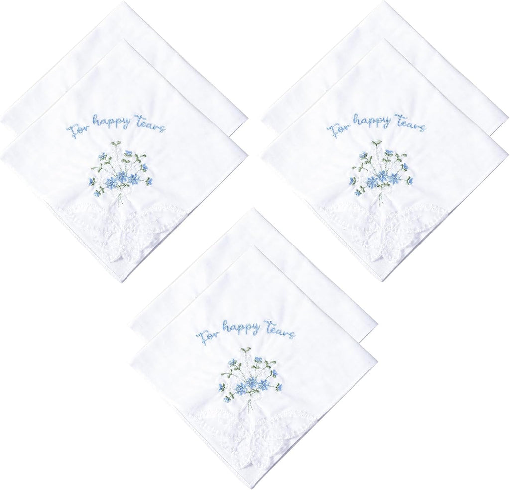 For Happy Tears Handkerchief, 6 Pcs Embroidered Wedding Handkerchief Cotton Hankies for Bride, Groom, Bridesmaid, Mother of the Bride, White & Blue, 12" x 12"