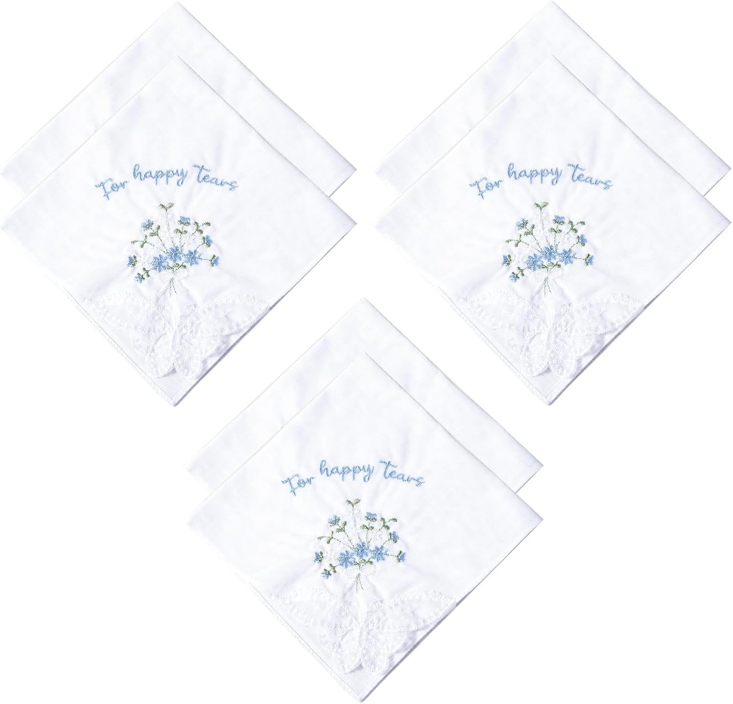 For Happy Tears Handkerchief, 6 Pcs Embroidered Wedding Handkerchief Cotton Hankies for Bride, Groom, Bridesmaid, Mother of the Bride, White & Blue, 12" x 12"