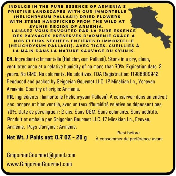 Immortelle (Helichrysum Pallasii) 0.7 OZ (20g) Dried Flowers with Short Stems, Loose Herbal Tea | Wild-Harvested from the Mountains of Armenia | Naturally Sourced with Rich Aroma and Distinct Flavor | Handpicked & Premium Quality