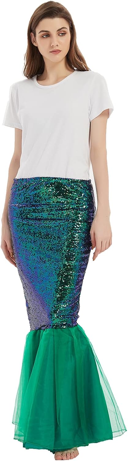 Women's Mermaid Tail Costume Cosplay Halloween Party Sequin Maxi Skirt Dress