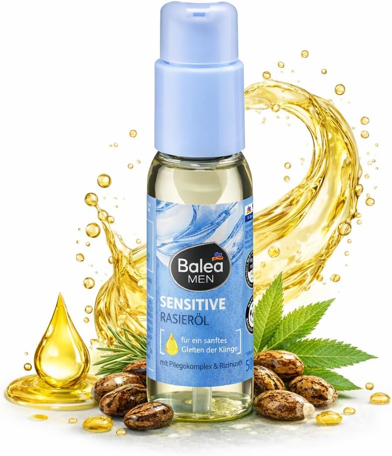 Balea MEN Sensitive Shaving Oil for Men Beard & Contour Natural Oil Complex with Castor Oil Soothes & Protects Sensitive Skin Smooth Glide Formula 50 ml