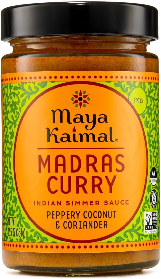 Maya Kaimal Madras Curry Sauce, 12.5 oz, Spicy Indian Simmer Sauce with Peppery Coconut and Coriander. Vegan, Gluten Free, Non-GMO Project Verified, Vegetarian