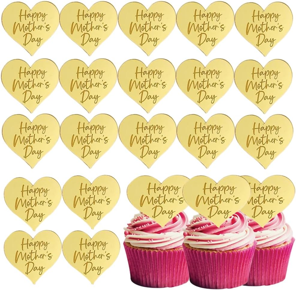25Pcs Happy Mothers Day Cupcake Topper Acrylic Mirror Disc Heart Cake Engraved Cake Topper Cupcake Decorations for Mother's Day (Gold)