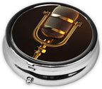 Golden Microphone Round Pill Case, Portable Pill Box for Pocket Metal Medicine Vitamin Organizer 3 Compartment Three Times A Day