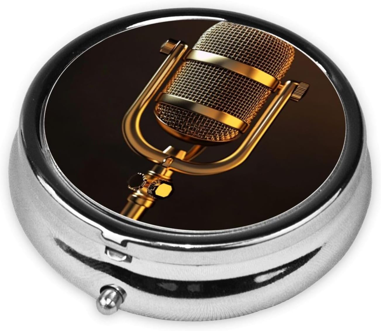 Golden Microphone Round Pill Case, Portable Pill Box for Pocket Metal Medicine Vitamin Organizer 3 Compartment Three Times A Day