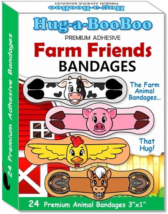 Farm Friends Hugging Farm Animal Adhesive Bandages from Hug-a-BooBoo, The Amazing Bandages that Hug! Super Fun Hugging Cow, Horse, Pig and Chicken! 24 Ct Box