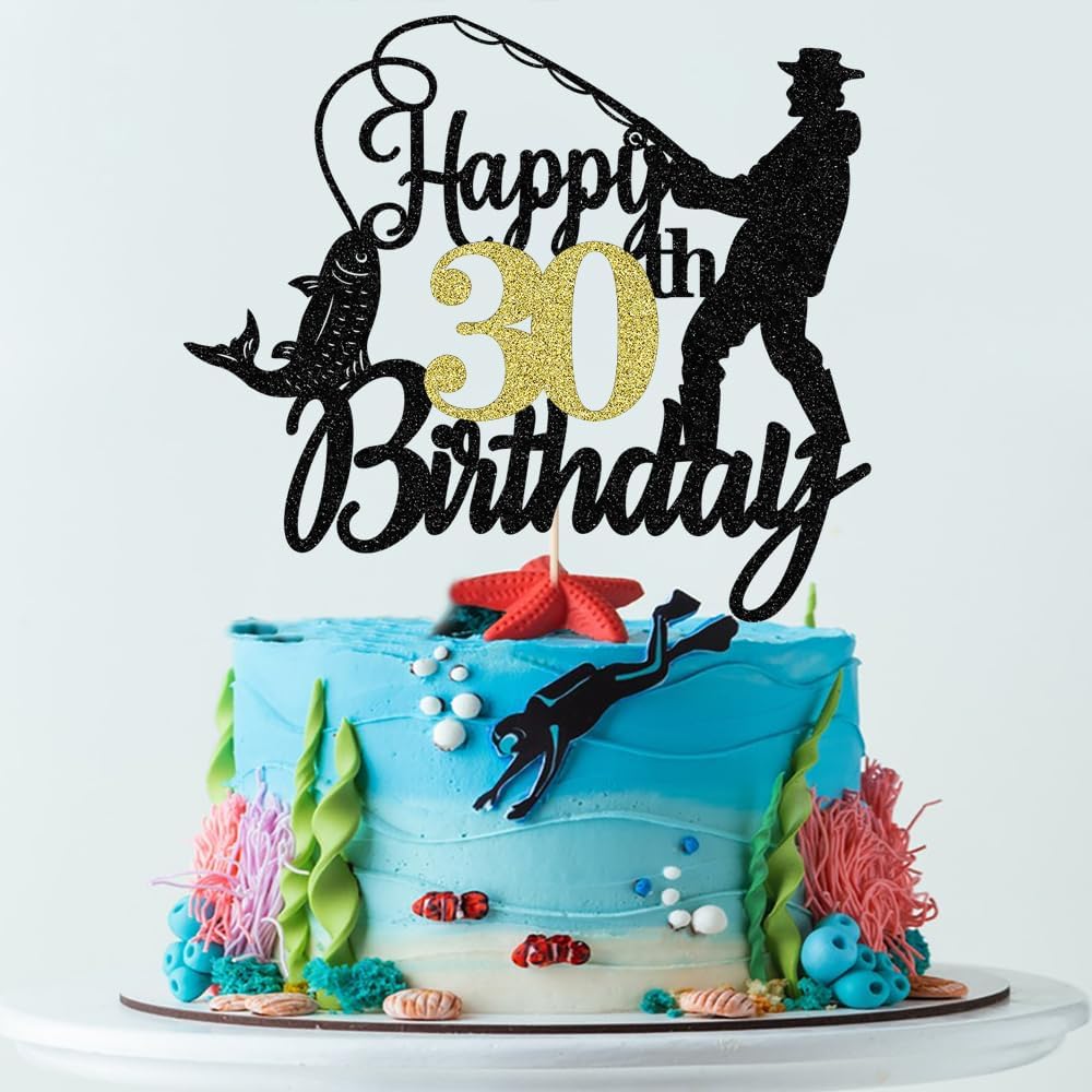 Fishing Happy 30th Birthday Cake Topper - Man Fisherman Theme Cake Decor -Fisherman 30 Years Old Party Decorations,Cheers to 30 Years,Fishing Themed 30th Birthday Party Decorations