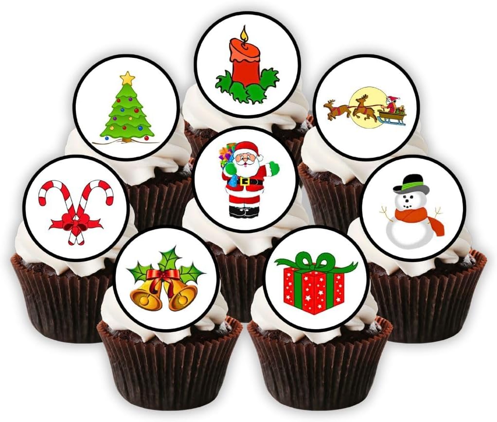 PRECUT Edible Christmas Cake Toppers, Christmas Baby Shower Decorations for Cake Decorating, Xmas Edible Cupcake Toppers, Festive Cookie Decor, Theme 1, 4cm / 1.5 inch (24)