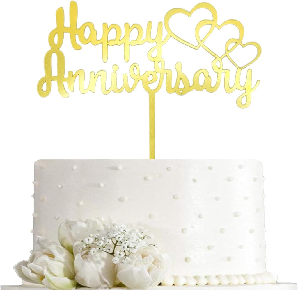 Gold Happy Anniversary Cake Topper - Mirror Acrylic Heart Anniversary Cake Decoration for Weddings, Anniversaries Party Decoration, Style 2