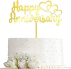 Gold Happy Anniversary Cake Topper - Mirror Acrylic Heart Anniversary Cake Decoration for Weddings, Anniversaries Party Decoration, Style 2