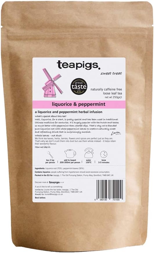 Teapigs Liquorice and Peppermint Loose Tea Made With Whole Tea Leaves, Natural Ingredients, Non-GMO, Caffeine-Free – 1 Pack of 250g Loose Tea