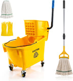 Chasesun 35 Quart Commercial Mop Bucket with Side Press Wringer on Wheels, Industrial Mop and Bucket Set with Loop-End Mop Head, Gloves and Microfiber Cloth, Heavy Duty Yellow Janitorial Cleaning Cart