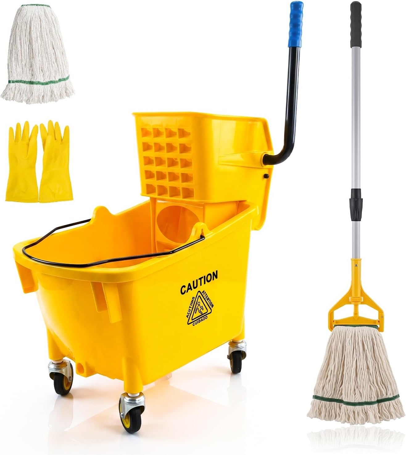 Chasesun 35 Quart Commercial Mop Bucket with Side Press Wringer on Wheels, Industrial Mop and Bucket Set with Loop-End Mop Head, Gloves and Microfiber Cloth, Heavy Duty Yellow Janitorial Cleaning Cart