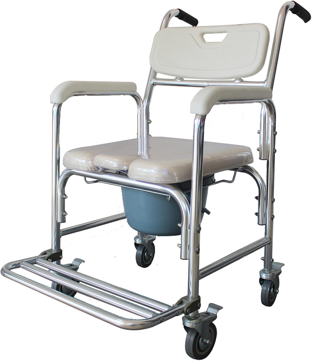 4 in 1 Bedside Commode Chair with Wheels, Rolling Shower Chair for Elderly and Disabled, Bariatric & Handicap - Portable Toilet Padded Seat Transport Rolling Chairs with Arms, Capacity 300lbs