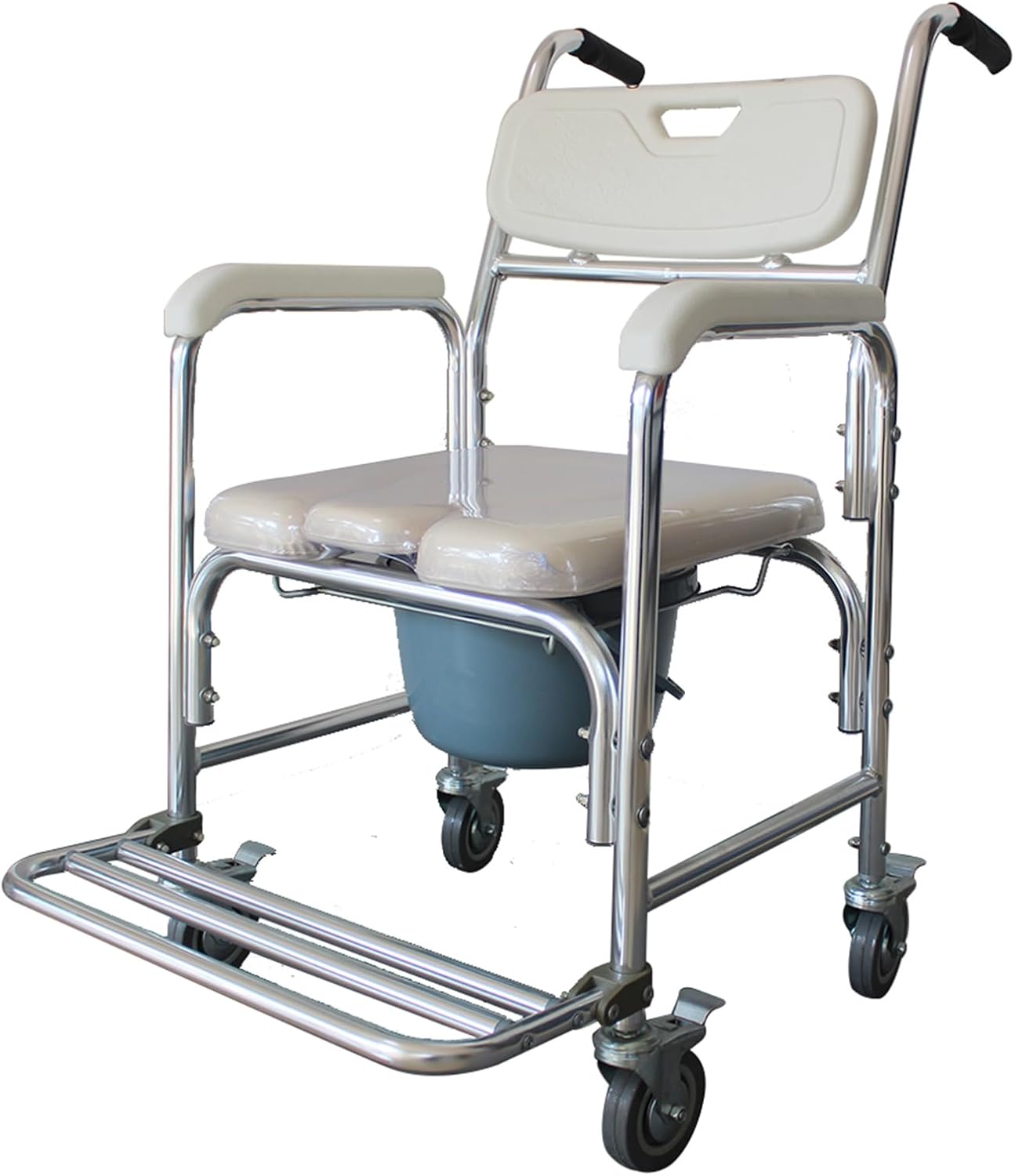 4 in 1 Bedside Commode Chair with Wheels, Rolling Shower Chair for Elderly and Disabled, Bariatric & Handicap - Portable Toilet Padded Seat Transport Rolling Chairs with Arms, Capacity 300lbs