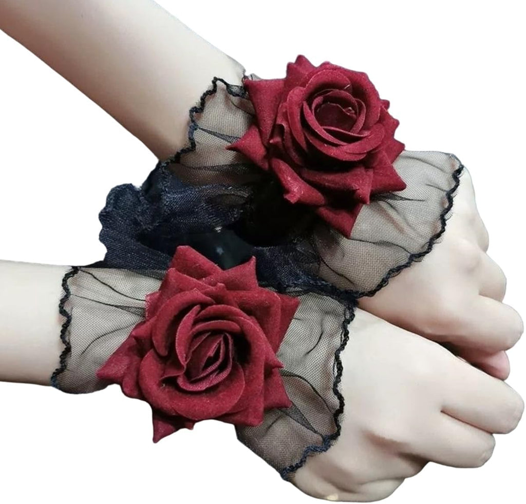 Furimuk Lolita Lace Gloves Fingerless Short Lace Wrist Cuff Black Hand Sleeve Bracelet Women Ruffled Red Floral Lolita Accessories for Halloween Wedding Wedding, Masquerade