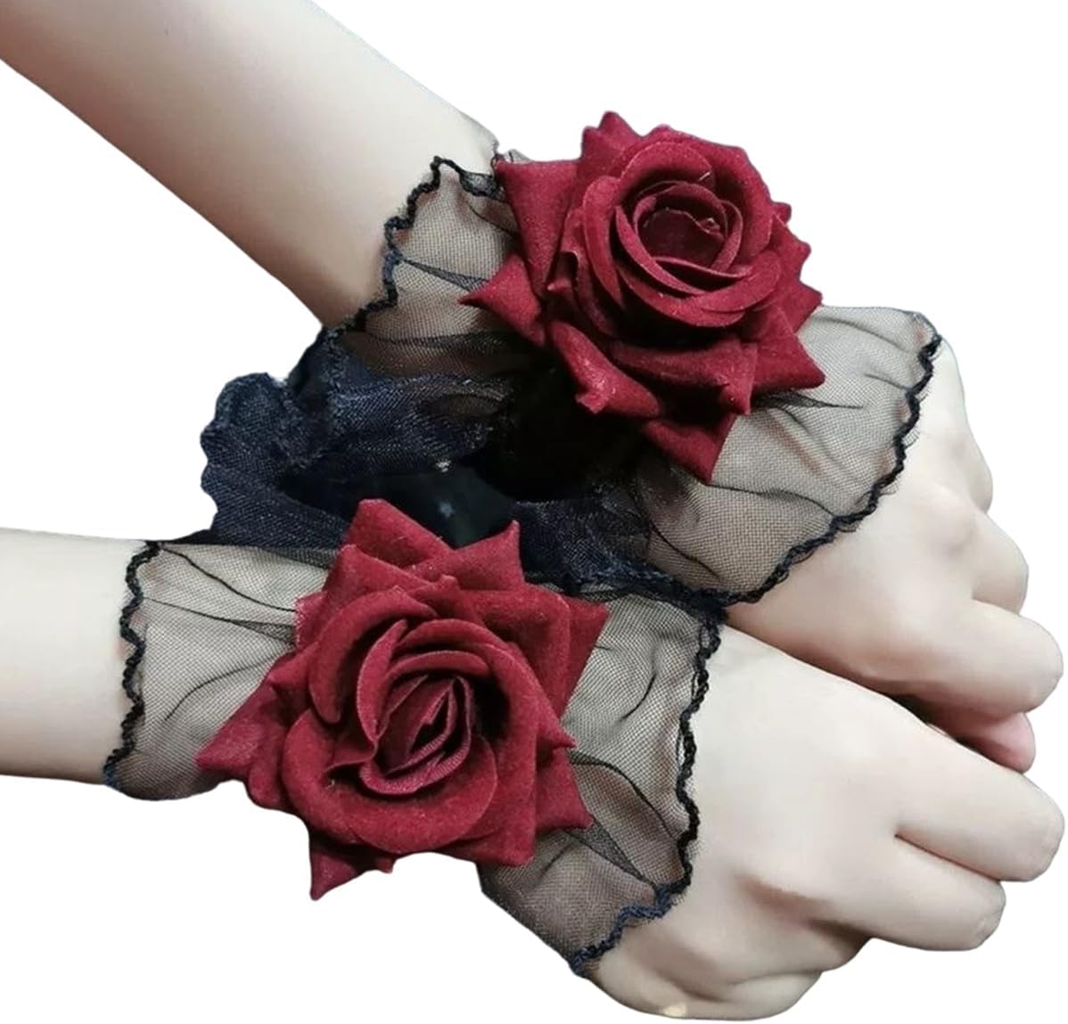 Furimuk Lolita Lace Gloves Fingerless Short Lace Wrist Cuff Black Hand Sleeve Bracelet Women Ruffled Red Floral Lolita Accessories for Halloween Wedding Wedding, Masquerade