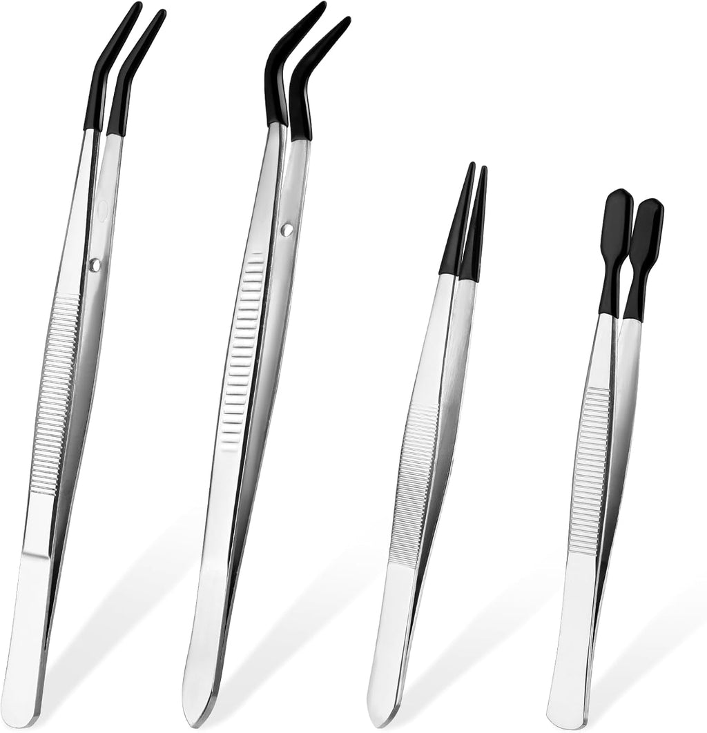 Sibba Tweezers with Rubber Tips 4Pcs PVC Rubber Coated Tweezer Set Jewelry Making Kits PVC Coated Tweezers Set Rubber Straight Tip Tweezers Flat Tip Gripper Reusable Forceps for Crafts Stamps Beads