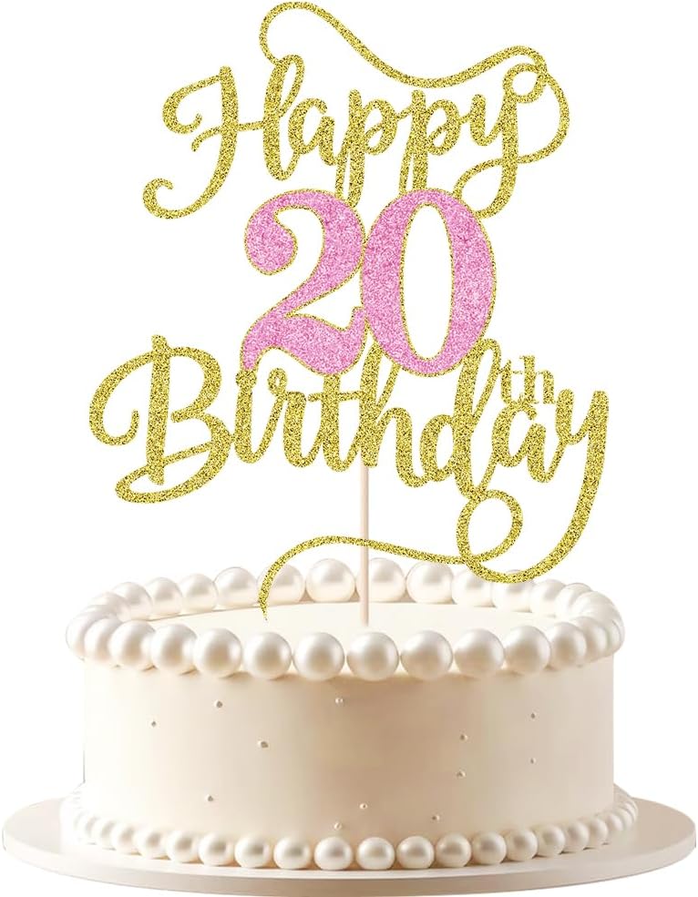Happy 20th birthday cake topper gold pink Glitter happy birthday cake decoration 20th birthday party cake gift plugin (20)