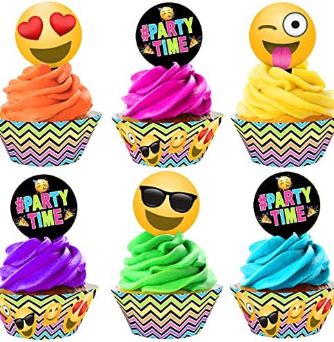 Smile Face Cupcake Kit - 48 Pieces - 24 Cupcake Toppers and 24 Cupcake Wrappers - Silly Face Party Supplies - Emoticon Party Decorations - Cupcake