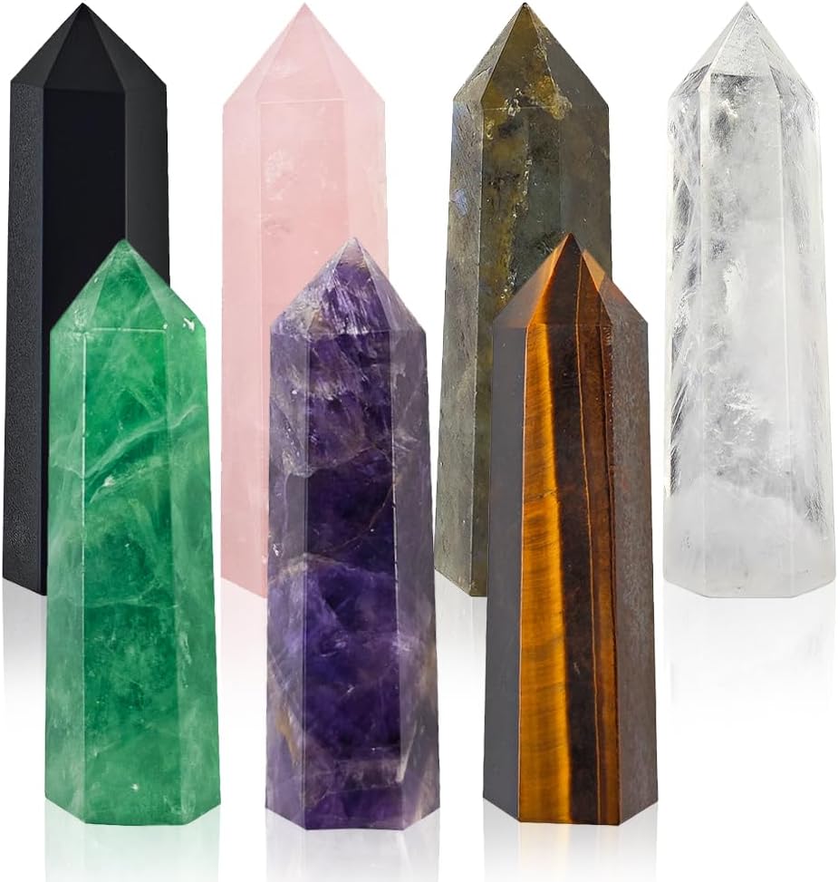 7PCS 2.2-2.6" Natural Crystals Tower Figurine Ornaments Polishing Rose Quartz Amethyst Stone Hexagonal Point Wand Obelisk Statue for Aquarium Decorative Rocks Gifts Home Decor(2.2inch/7pcs)