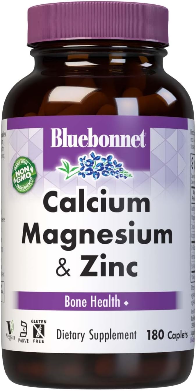 Bluebonnet Nutrition Calcium Magnesium Zinc Strong Bones Supplement with L-Glutamic Acid, Horsetail & Boron - Non-GMO, Vegan, Gluten-Free Magnesium Complex for Women & Men - 180 Caplets