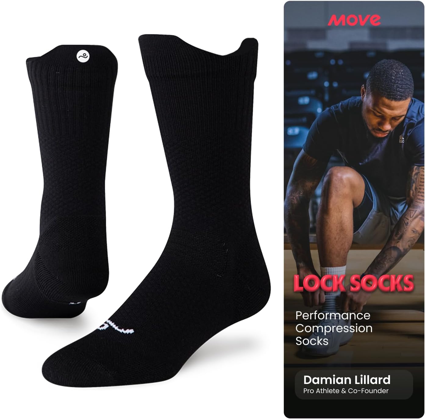 Move Compression Socks for Basketball & Running 25-35mmHG - Sports Crew socks with Shock Absorption, Anti-Blister, Moisture Wicking
