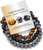 Vinswet Healing Crystal Bracelets for Women Men 8mm Tiger Eye Hematite Black Obsidian Natural Stone Beaded Stretch Bracelet Triple Protection Handmade Gemstone Reiki Spiritual Jewelry Gifts