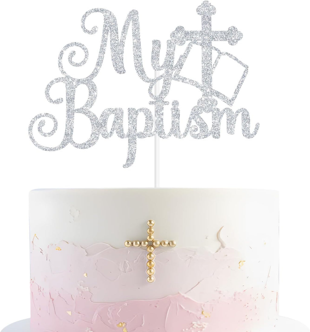 Goilpanitdia My Baptism Cake Topper, First Holy Communion, Mi Bautizo, Religious God Bless Baptism, Baby Shower, Baby 1st Birthday Party Decorations Supplies, Silver Glitter