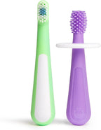 Ubbi Grow with Me Toothbrush Training Set for Babies and Toddlers, Includes One 360° Food-Grade Platinum Silicone and One Soft Bristled Toothbrush, Smoothie Purple and Zest Green