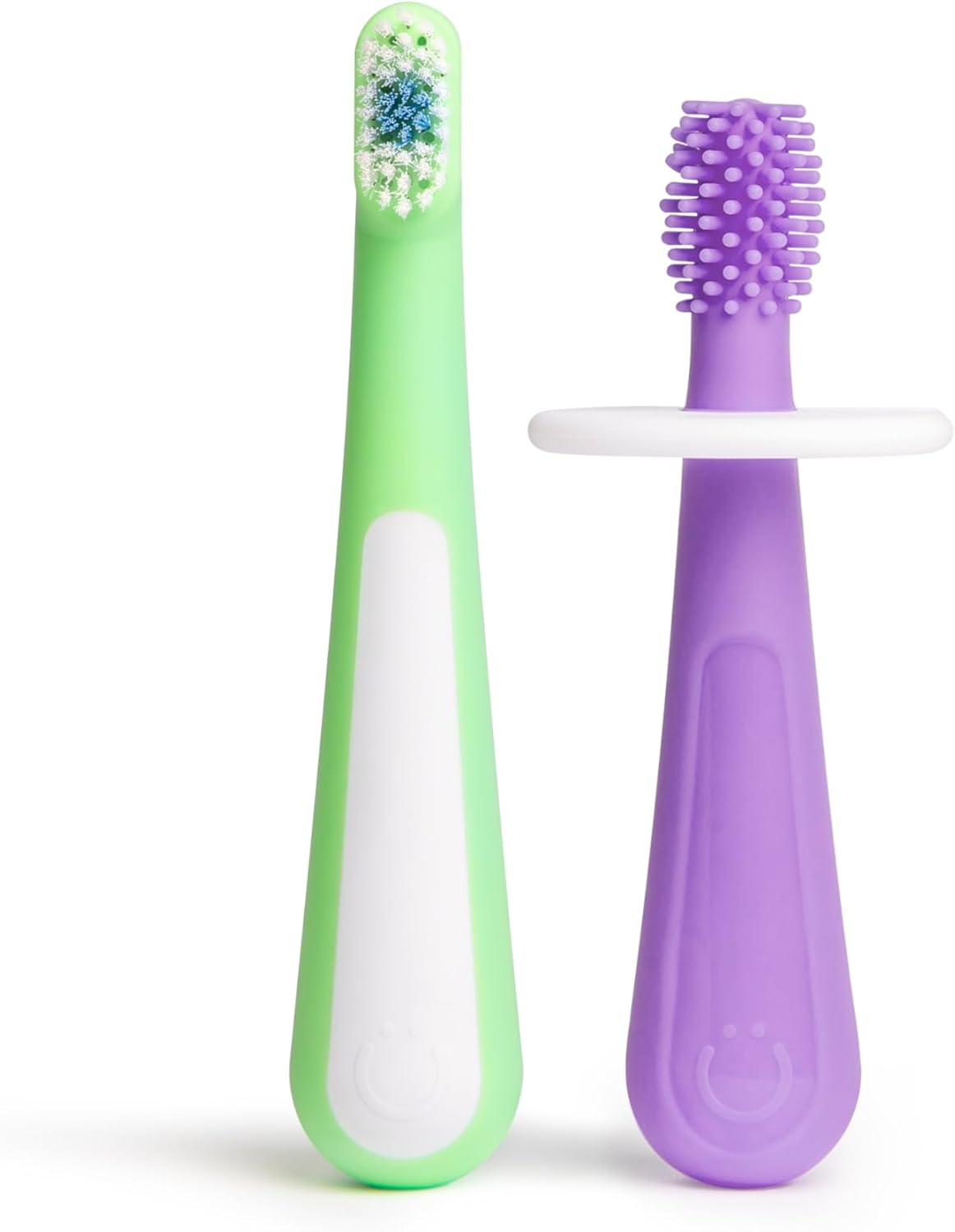Ubbi Grow with Me Toothbrush Training Set for Babies and Toddlers, Includes One 360° Food-Grade Platinum Silicone and One Soft Bristled Toothbrush, Smoothie Purple and Zest Green