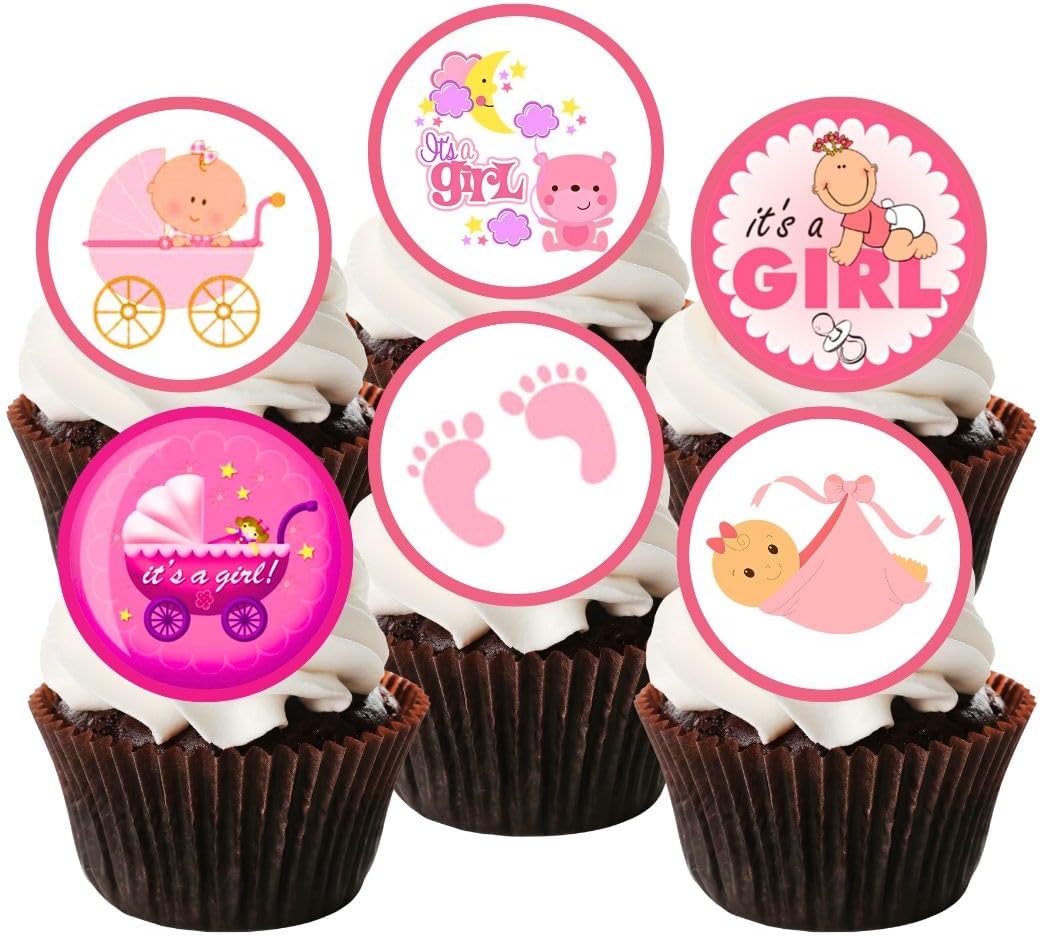 PRECUT Baby Girl Mix Edible Cupcake Toppers – Pink Baby Shower Cake Decorations, Gender Reveal, Cakes, Cupcakes, and Desserts 48 x 1.18 Inch/3cm Discs